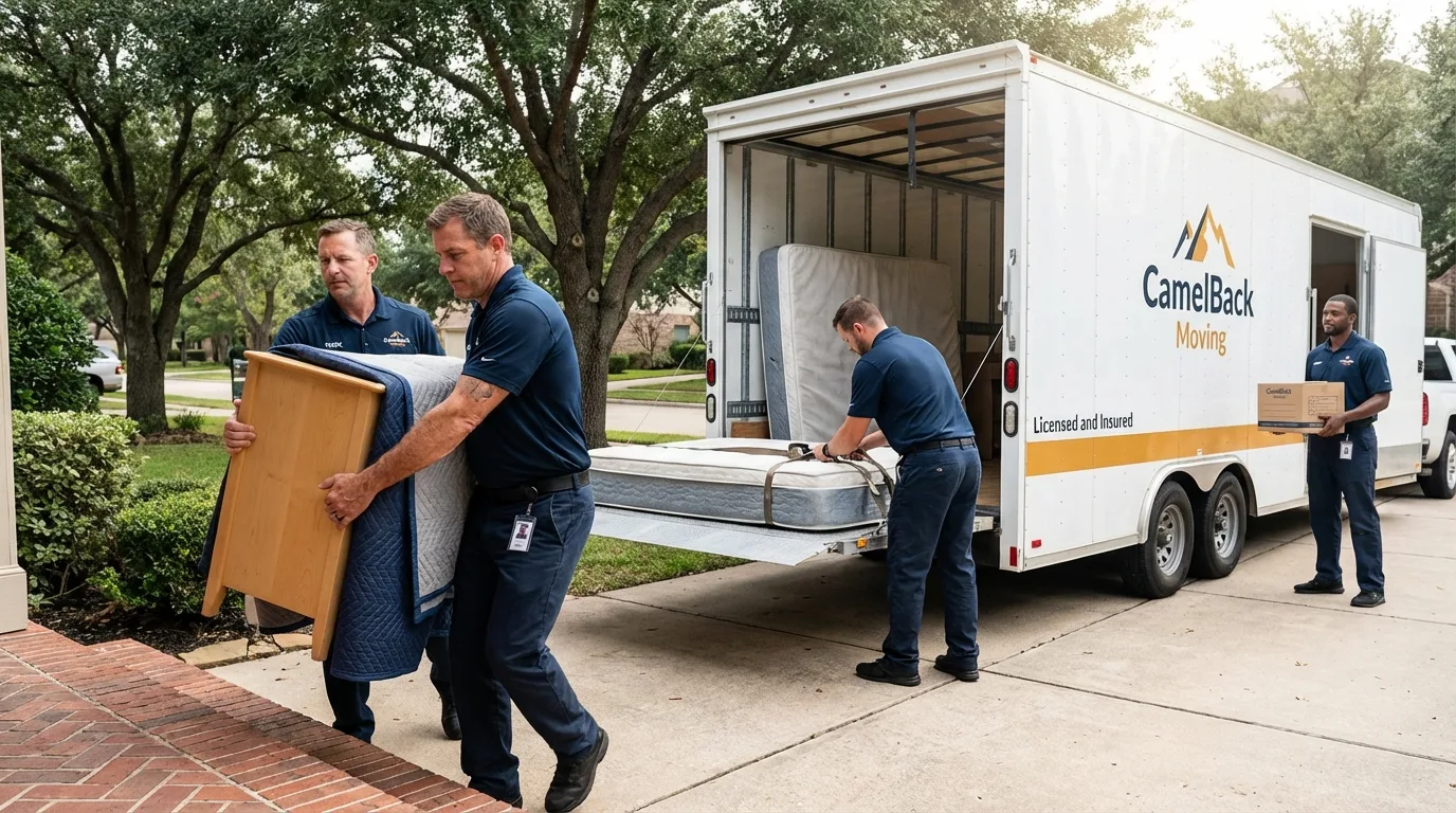 Crew loading residential truck for cross-state move from Santo Domingo Pueblo, NM