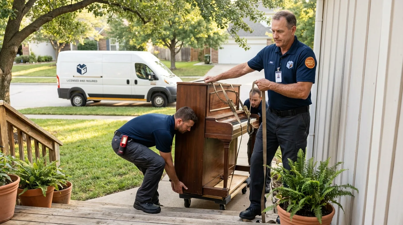 Licensed piano movers securing grand piano in Santo Domingo Pueblo, NM