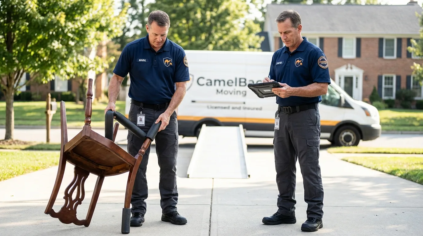 Movers inspecting furniture for damage prevention before loading in Santo Domingo Pueblo, NM