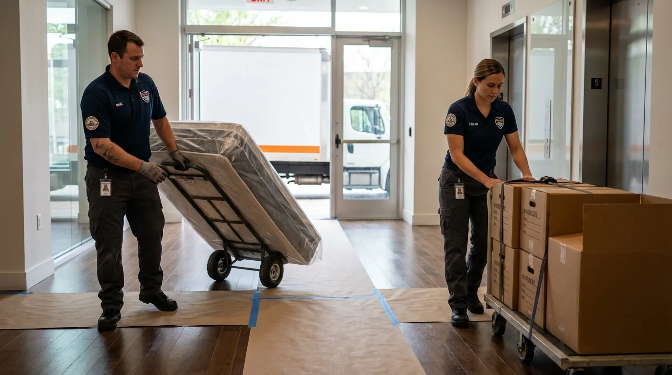 Professional apartment movers loading elevator in Santo Domingo Pueblo, NM