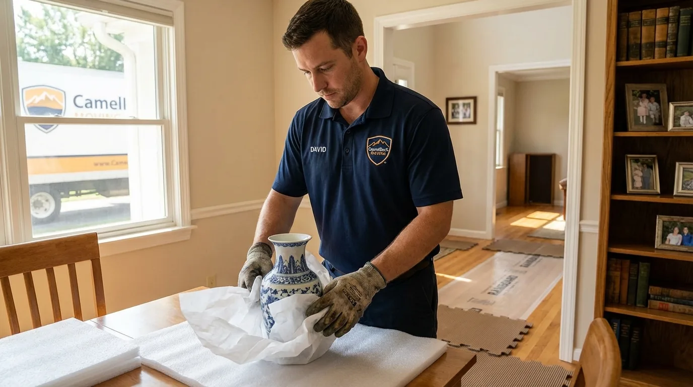 Professional crew carefully wrapping antique vase for senior downsizing move in Santo Domingo Pueblo, NM
