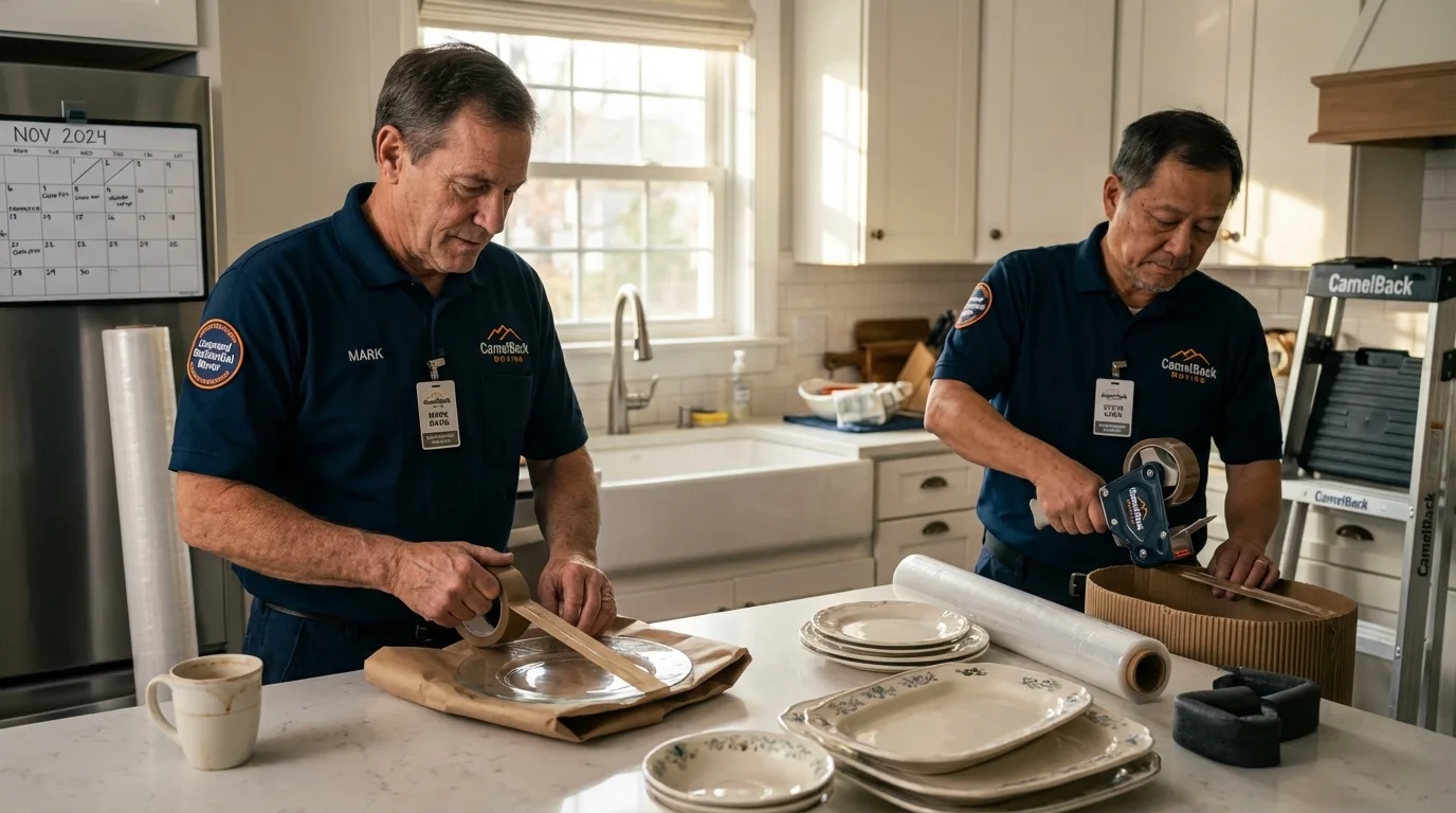 Professional crew packing kitchen dishware in Santo Domingo Pueblo, NM